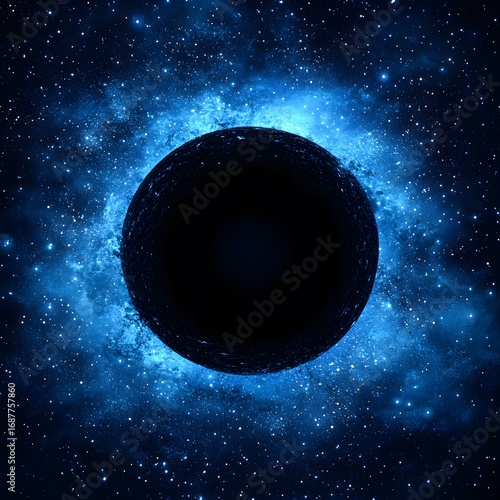 Dark Planet in Blue Nebula Cosmic Background Space