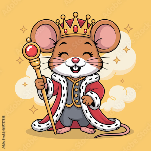 A cute cartoon mouse dressed as royalty with a crown and scepter, showcasing joy and confidence, ideal for children's content, toys, or whimsical marketing.