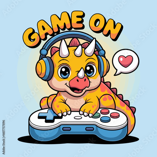 This adorable dinosaur character, equipped with a game controller and headphones, represents the fun of gaming and playfulness, captivating the hearts of all kid gamers alike.