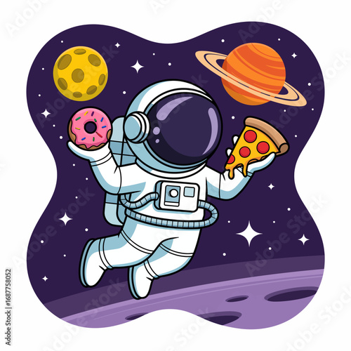 An adventurous astronaut floats in space, delighting in both pizza and donuts, showcasing a whimsical and humorous take on life beyond Earth, appealing to space enthusiasts.