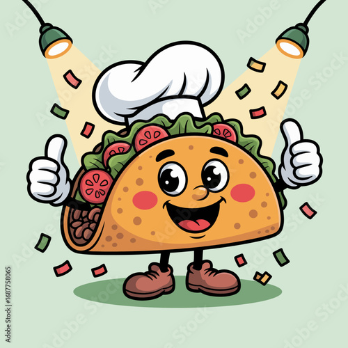 A vibrant and happy taco character wearing a chef hat gives a thumbs up, representing delicious food, positivity, and the joy of cooking in a fun and colorful illustration.