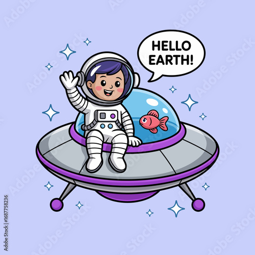 A cheerful child, dressed as an astronaut, waves joyfully from inside a cute spaceship, creating a sense of excitement and adventure, showcasing a dream of exploration.