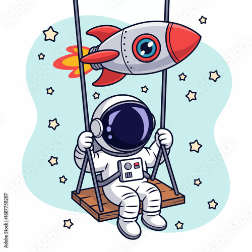 A whimsical illustration of an astronaut swinging with a rocket overhead against a backdrop of stars, capturing a sense of adventure and imagination in space.