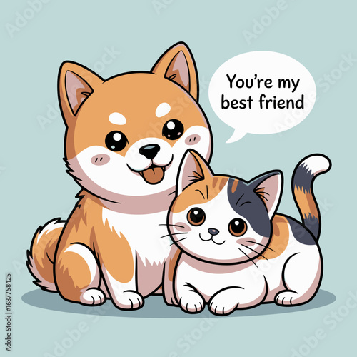 A heartwarming illustration of a cuddly dog and cat snuggling together with the phrase 'You’re my best friend', embodying the warmth of friendship and connection between pets.