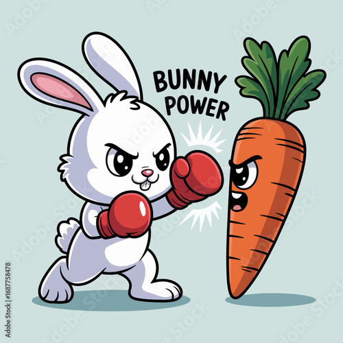 An energetic cartoon of a bunny wearing boxing gloves and squaring off against an angry carrot, illustrating a sense of determination and humor in a playful fight.