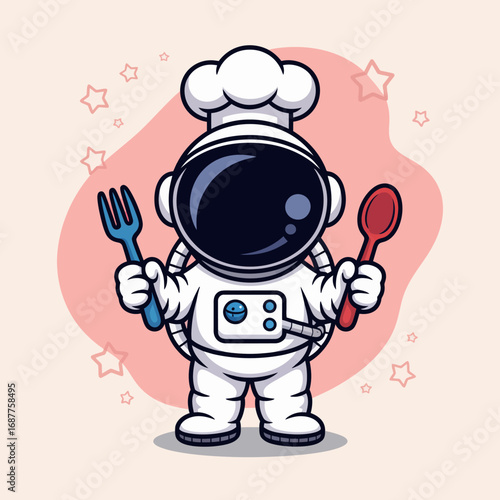This delightful illustration shows an astronaut dressed as a chef, holding a fork and spoon, symbolizing a fun blend of culinary arts and space adventure in a whimsical style.