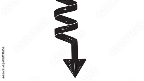 Spiral Arrow Down - Black and White Vector Illustration