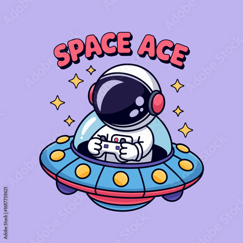 A whimsical astronaut enjoys gaming inside a colorful UFO surrounded by sparkling stars, capturing a playful and adventurous spirit in a cosmic setting.
