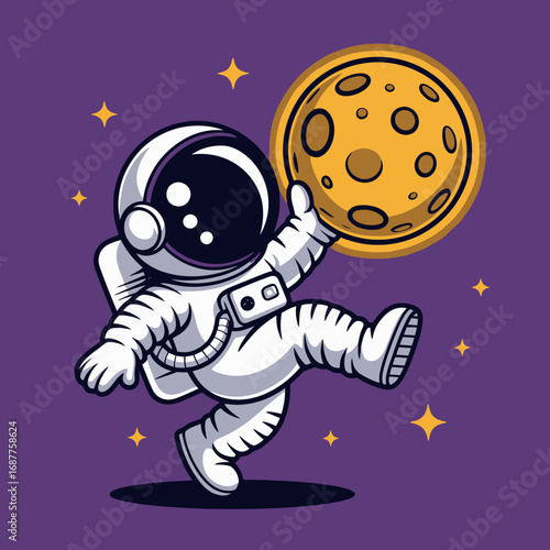 In this whimsical image, an astronaut is joyfully dancing while holding a glowing moon, evoking feelings of wonder and exploration against a vibrant purple backdrop filled with stars.