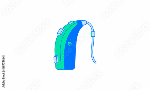 Modern Behind-The-Ear hearing aid illustration with a vibrant blue and green design.