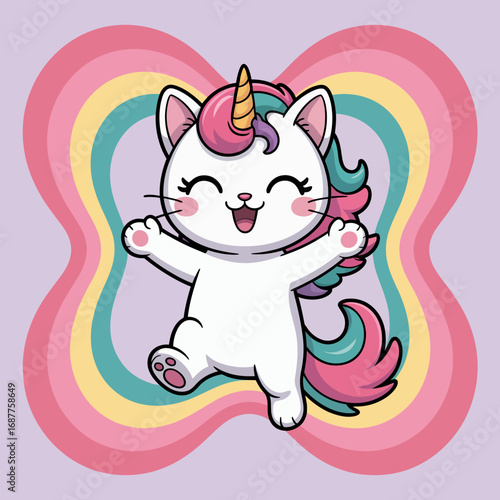 This whimsical cartoon portrays an excited unicorn cat joyfully jumping amidst colorful swirls, creating a vibrant and cheerful atmosphere filled with magic and happiness.