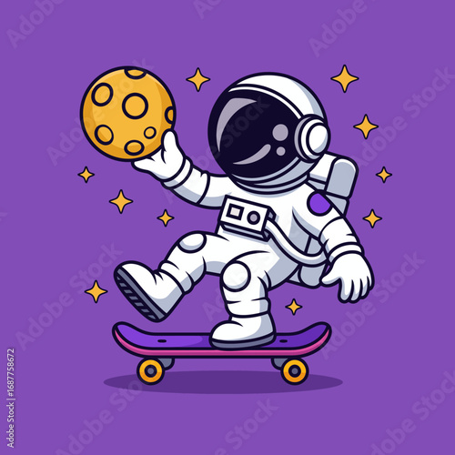 An entertaining astronaut skateboards while holding a moon rock, showcasing a fun blend of sport and space adventure, radiating cheerful vibes and creativity.