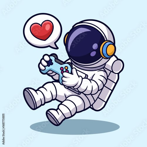 A charming astronaut enjoying gaming while expressing love for video games through a playful heart graphic, combining space with the fun of gaming culture.