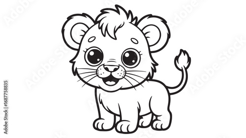 Adorable Cartoon Lion Cub, Line Art, Coloring Page
