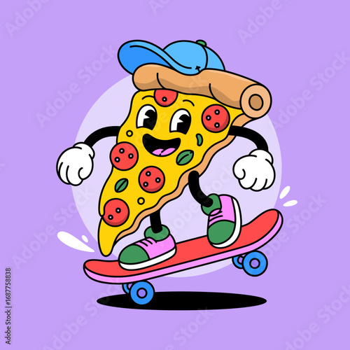 This energetic pizza slice character rides a skateboard, exuding a fun and carefree vibe, making it a perfect image for food lovers and skateboard enthusiasts alike.
