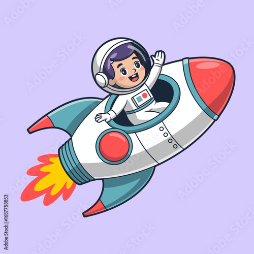A cheerful child in an astronaut suit waves from a retro-styled rocket, evoking feelings of adventure and exploration in the vast universe of imagination.