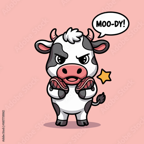 This adorable cartoon cow features an expressive face, holding two juicy steaks, showcasing a lighthearted illustration of emotions related to food and fun in a vibrant style.