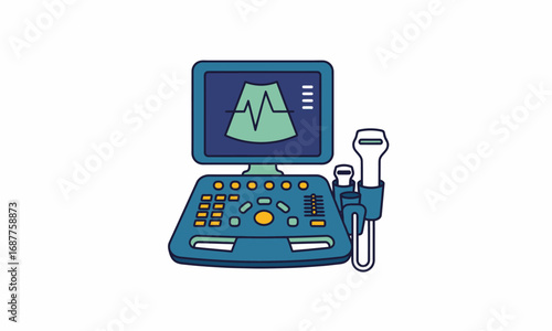 Modern Medical Ultrasound Machine with Display and Transducer.