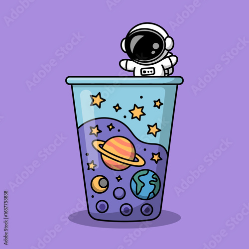 This imaginative image features an astronaut standing on the edge of a drink cup representing a fun take on space exploration and creativity, combining daily life with adventure.