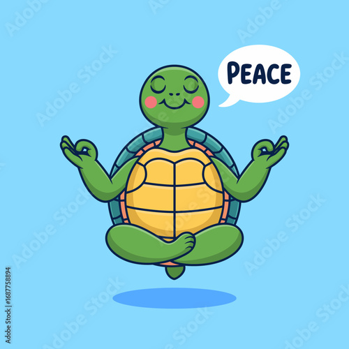 This charming image illustrates a green turtle meditating peacefully while promoting the concept of tranquility and inner peace, making it a great representation of mindfulness.