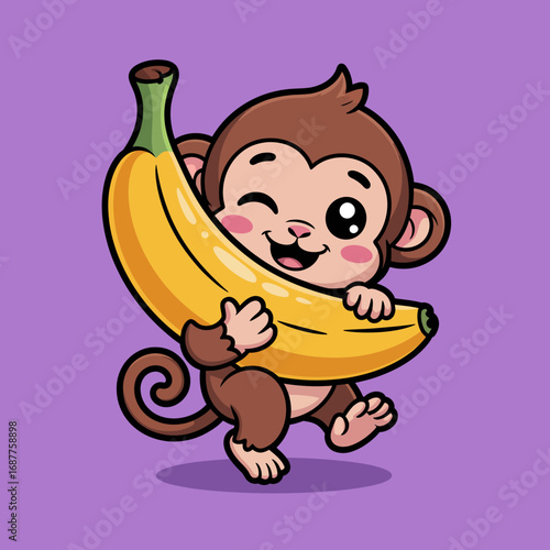 This cheerful monkey with a huge banana captures the essence of playfulness and joy, symbolizing fun and happiness, ideal for evoking a sense of wonder and laughter in viewers.