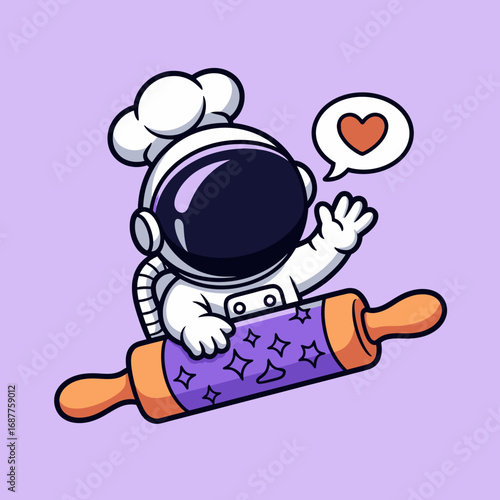This delightful chef astronaut uses a rolling pin and creates joy with a heart bubble, blending culinary arts and space themes for a whimsical and funky kitchen vibe.