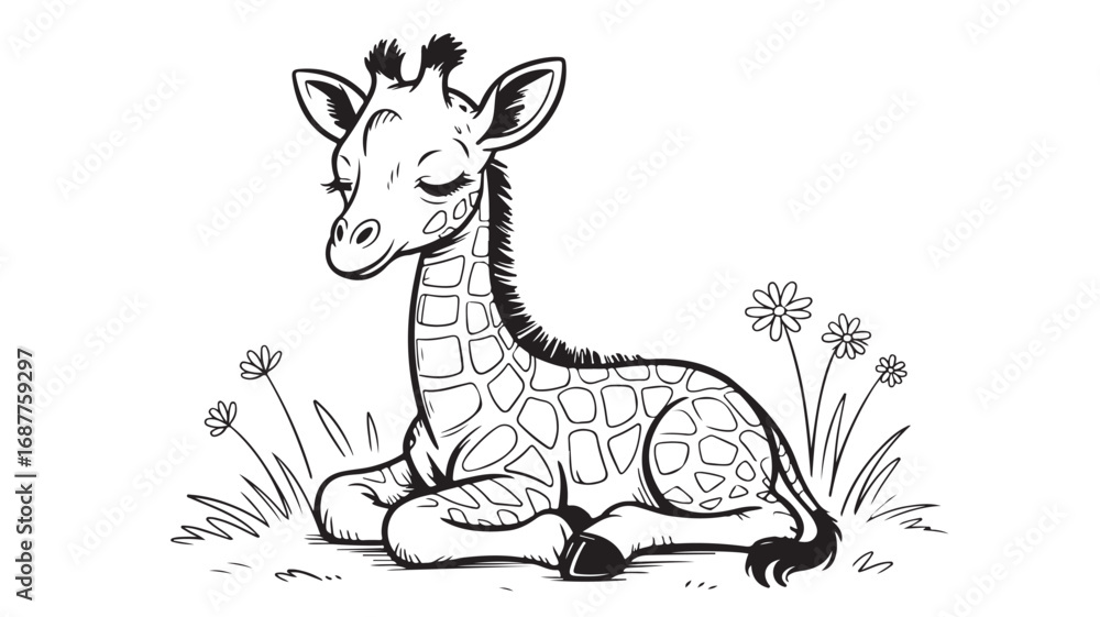 Fototapeta premium Adorable Baby Giraffe Coloring Page Cute Cartoon Animal Illustration