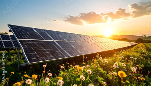 Solar panels in a field at sunset.  Fields of wildflowers surround the panels