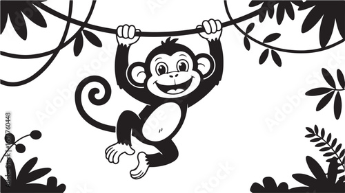 Happy Monkey Hanging on Vine - Black and White Cartoon Illustration