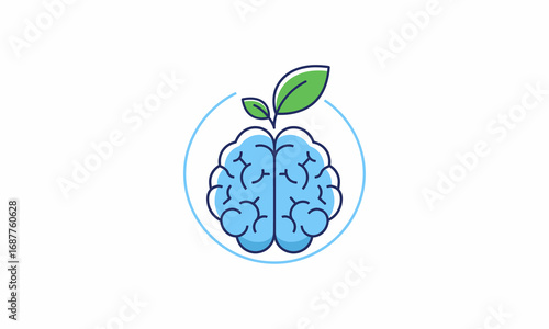 Stylized Blue Brain Icon with Growing Green Leaves Symbolizing Growth.