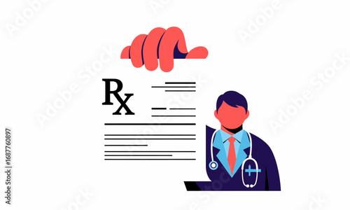 Stylized flat vector illustration of a doctor with a stethoscope and a large medical prescription with an Rx symbol.