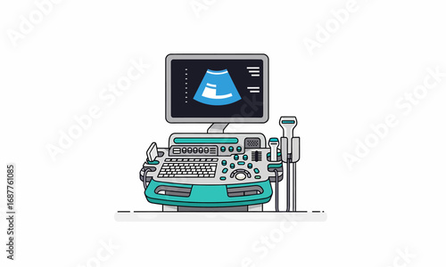 Teal Ultrasound Machine with Fetal Image Display.