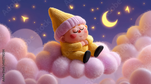 Wallpaper Mural Child in cozy yellow outfit peacefully sleeps on soft pink cloud surrounded by twinkling stars and a crescent moon Torontodigital.ca