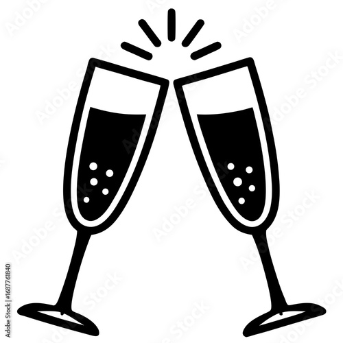Two black silhouette champagne glasses clinking with bubbles and sparkles toast celebration
