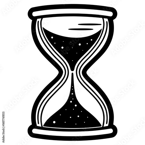 Black Silhouette of an Hourglass with Falling Sand and Stars on White Background Keywords: hourglass, time, sand, clock, timer, measurement, concept, passing time, ancient, vintage, illustration