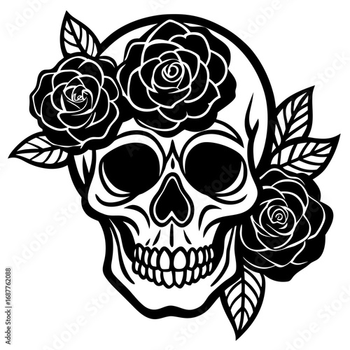 Black and white illustration of a skull adorned with roses and leaves flowers death