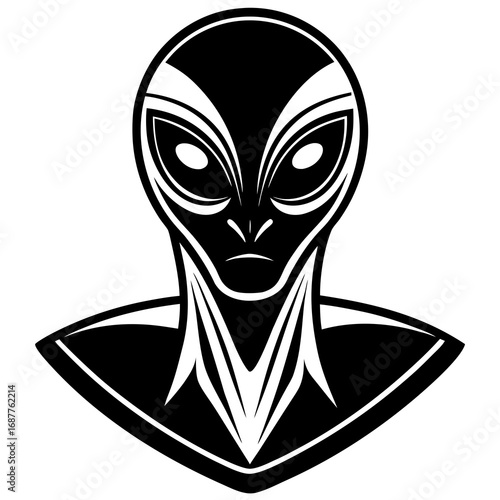 Black Silhouette of an Alien Head with Large Eyes and Stylized Features on a White Background extraterrestrial