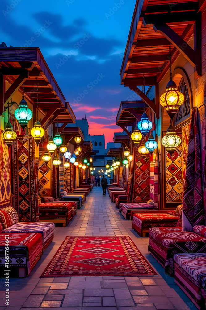 Obraz premium Vibrant Arabian Nights market with colorful lanterns and sunset sky ambiance
