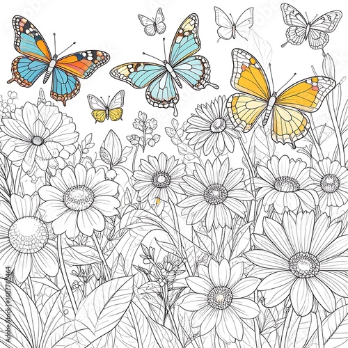 Detailed black and white floral illustration with butterflies