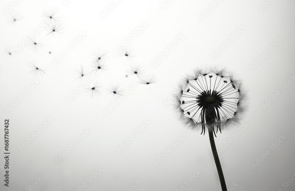 Obraz premium Delicate dandelion seeds float on soft grey background. Close-up of puffball flower with flying seeds evokes feelings of sympathy, loss, healing. Serene, minimalistic design offers comfort, support