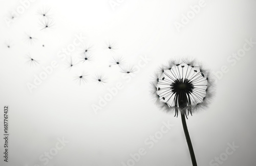 Wallpaper Mural Delicate dandelion seeds float on soft grey background. Close-up of puffball flower with flying seeds evokes feelings of sympathy, loss, healing. Serene, minimalistic design offers comfort, support Torontodigital.ca