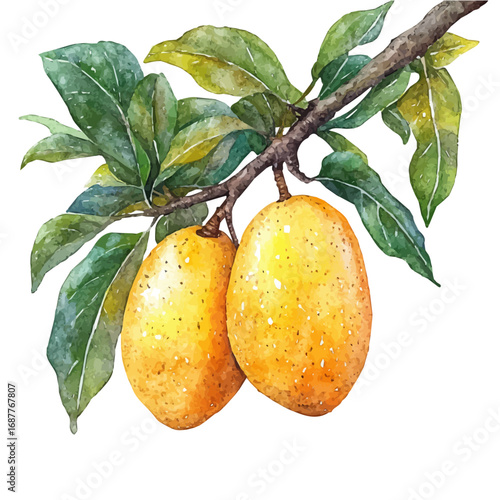 Sapodilla, watercolor clipart vector, isolated on a white background.