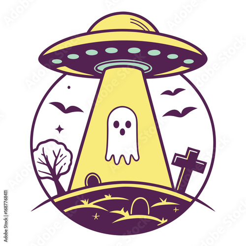 Cartoon UFO Abducting a Ghost Over a Graveyard Scene with Birds and a Tree alien abduction