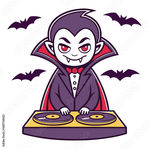 Cartoon Vampire DJ with Red Eyes and Bats Spinning Records at a Turntable Keywords: vampire, dj, halloween, cartoon, character, bats, music, djing, turntable, records, spooky, creepy, cute
