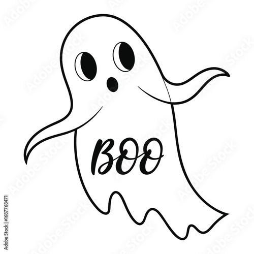 Cute cartoon ghost with the word Boo written on its body on a white background halloween spooky