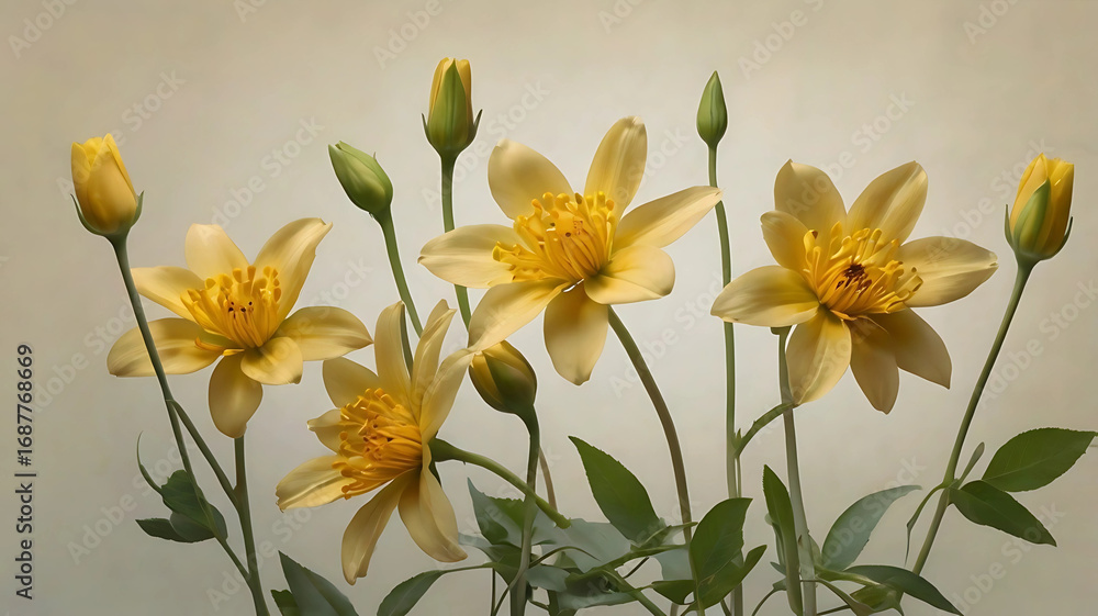 Obraz premium Pastel beige background with natural yellow flowers on edge