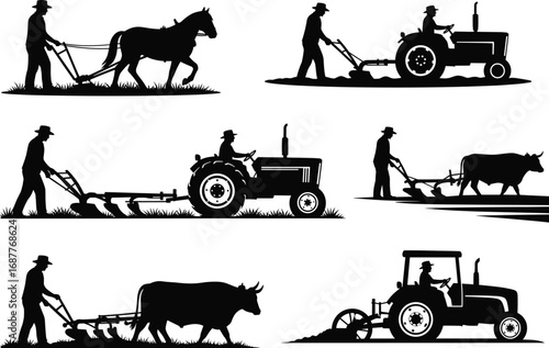 Agricultural plowing methods silhouettes, traditional and modern farming scenes, horse, ox, and tractor field work, black vector illustration for agriculture, history, and rural design projects