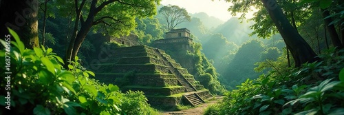 Lush green canopy of a Mayan rainforest, sunlight filtering through dense foliage, ancient ruins partially hidden amongst the vibrant vegetation ,  maya,  flora