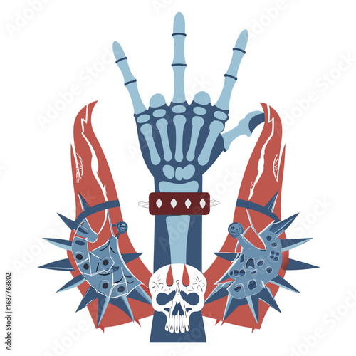 Skeleton hand making rock and roll gesture with skull and spiked accessories on a white background