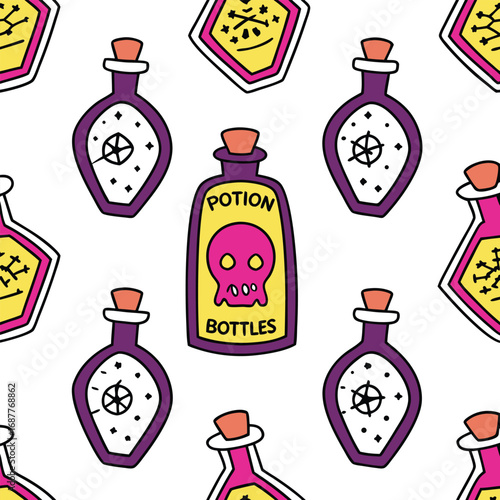 Spooky seamless pattern of potion bottles with skulls and crossbones for Halloween scary